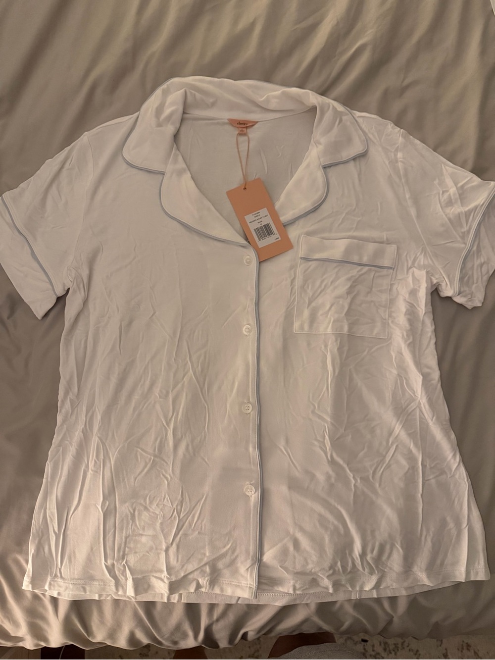 Eberjay White Short-Sleeve Button Pajama Top and bottom set with light blue trim